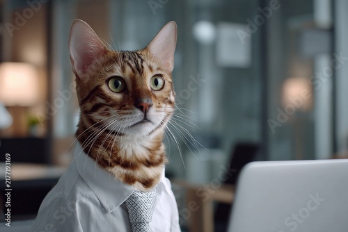 Humorous Bengal cat dressed in a formal shirt and tie working in a modern office setting