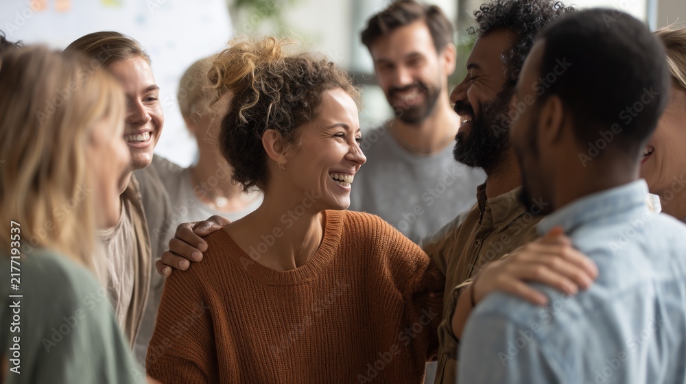 Obraz premium Diverse group of colleagues standing in circle hugging and laughing together