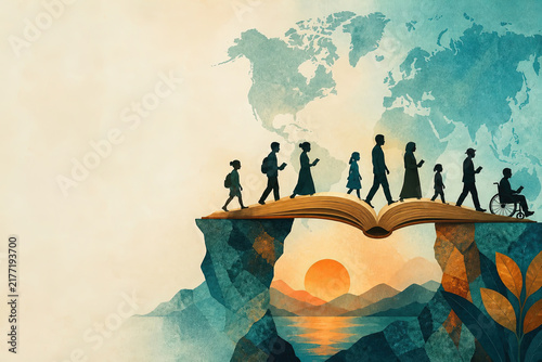 Diverse people walking across a book bridge. Watercolor concept of global education and literacy