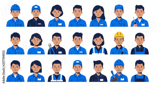 Industrial worker avatar set featuring blue uniforms for technical labor job branding.