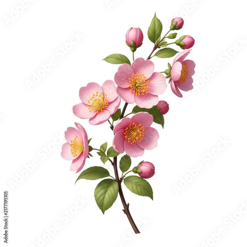 Pink cherry blossom flowers on green branch