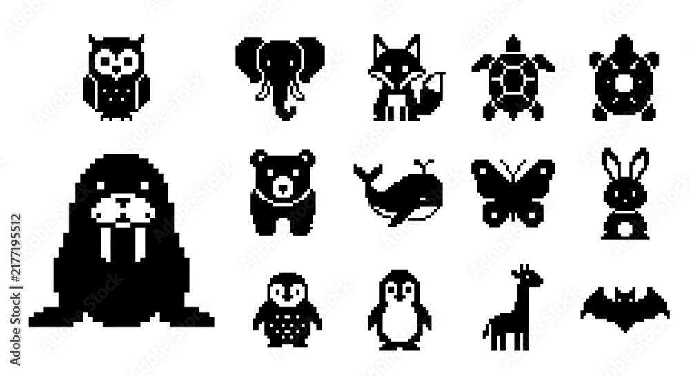 Obraz premium Black and white pixel art animal icons on white background