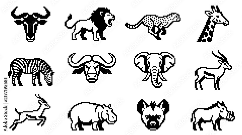 Fototapeta premium Black and white pixel art icons of African safari animals