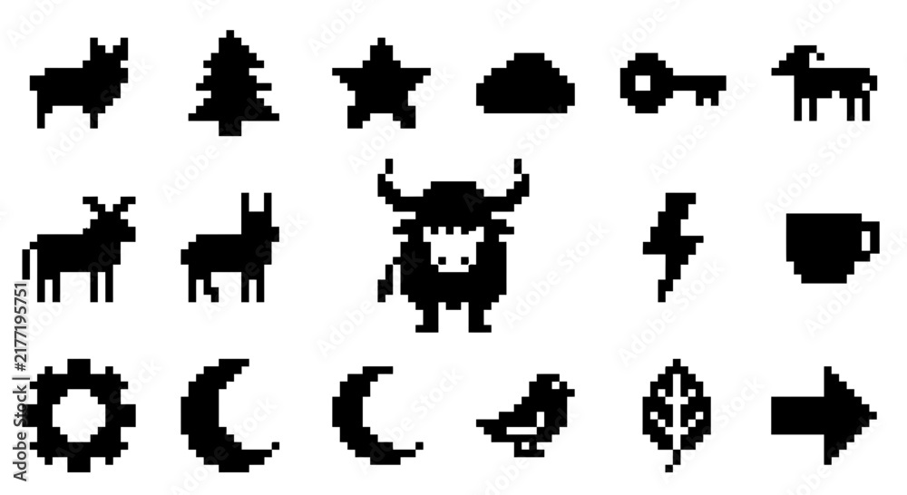 Fototapeta premium Black pixel art animal and environment icons.