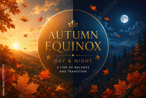 Autumn Equinox Day and Night Concept with Falling Leaves, Seasonal Transition and Balanced Nature Design