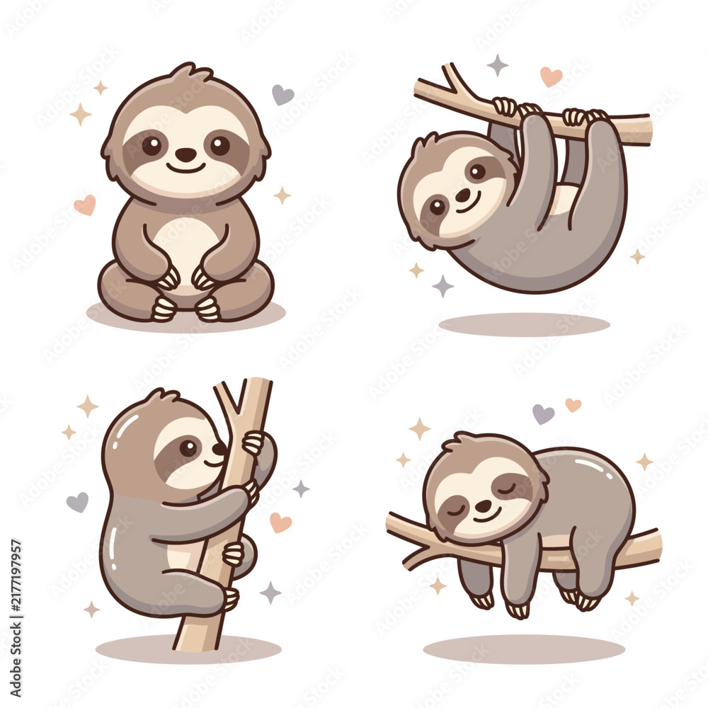 Fototapeta premium Charming kawaii sloth illustrations in different poses.