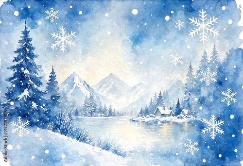 Winter wonderland landscape with snow falling on pine trees and a frozen lake during a bright cold day
