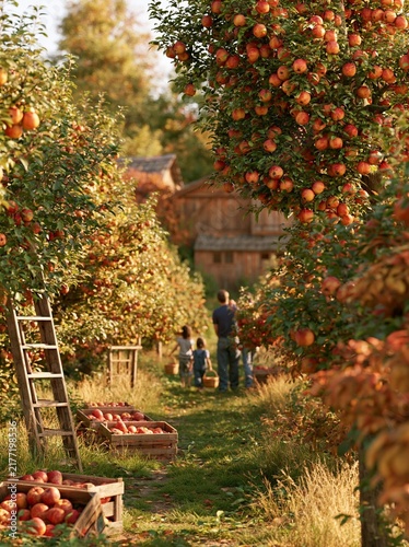 Apple orchard with rows of apple trees. the trees are laden with ripe apples and there are wooden crates of apples on the ground.