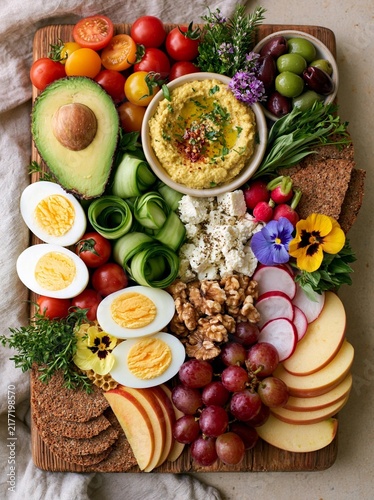 The image is of a platter of food arranged on a wooden board.