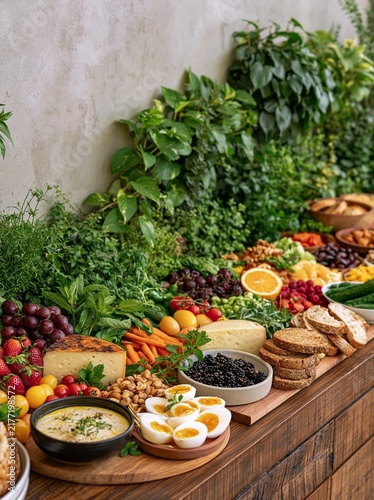 Wooden table with a variety of fresh fruits and vegetables arranged on it. the table is covered with a green wall covered in greenery, creating a natural and rustic look.