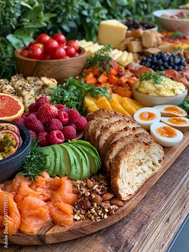 The image is of a large wooden platter filled with a variety of food items. the platter is arranged in an aesthetically pleasing manner and is placed on a wooden table.