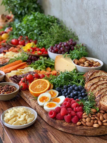 The image is of a wooden platter filled with a variety of fresh fruits and vegetables. the platter is placed on a wooden table with a white wall in the background.