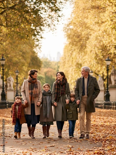 Family of five walking in a park during autumn. the family is walking on a path covered in fallen leaves, with trees on either side of the path.