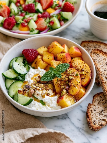 Two bowls of food on a white marble countertop. the bowl on the left is filled with a colorful salad made of sliced cucumbers, strawberries, and other vegetables.