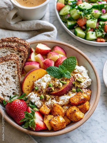 Bowl of food on a white marble countertop. the bowl is filled with a variety of colorful fruits and vegetables, including sliced peaches, strawberries, and mint leaves.