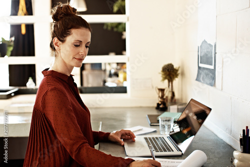 Принти на полотні Laptop, planning and writing with business woman in office for account review, budget treasurer and research