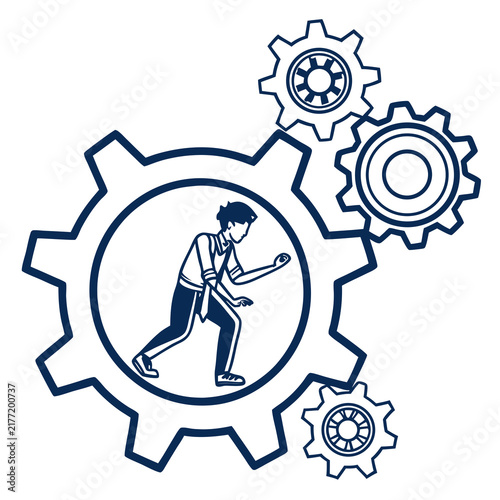 Fotografie A business professional standing inside a large mechanical gear connected to sma