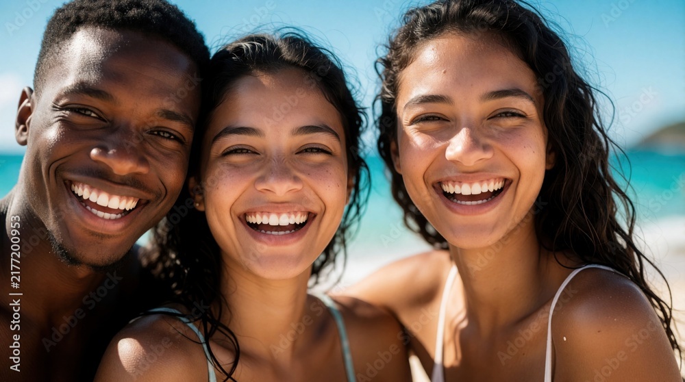Fototapeta premium Three diverse young friends smile happily at the beach near blue ocean water under bright sun. They share joyful moment, casual fun, and carefree summer vibes.
