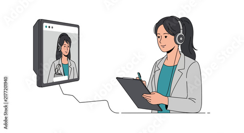 Telehealth Illustration of a Female Professional Using a Tablet for Online Medical Consultation and Video Conference