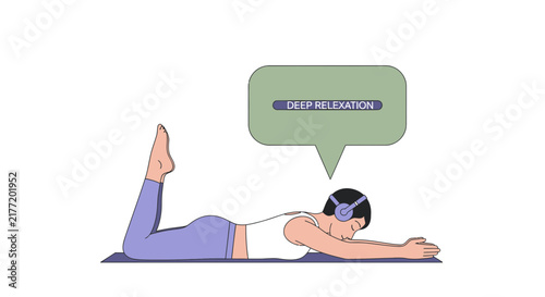 Woman Listening to Guided Meditation for Deep Relaxation - Flat Vector Illustration of Mindfulness and Mental Health Self-Care