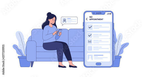 Online Booking and Appointment Management App Concept Illustration with Woman Using Smartphone on Sofa