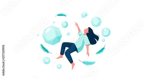 Abstract Surreal Illustration of a Woman Floating in Zero Gravity with Geometric Shapes and Feathers, Mental Health and Dream Concept
