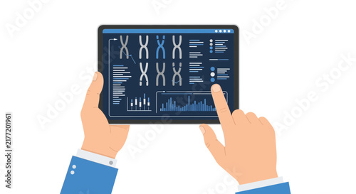 Hands Holding Tablet with Genetic Analysis Dashboard and Chromosome Data Visualization