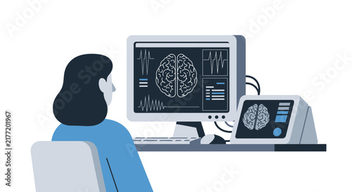 Neuroscience Researcher Analyzing Brain Scans and EEG Data on Multiple Monitors, Flat Vector Illustration for Medical and Digital Health Concepts