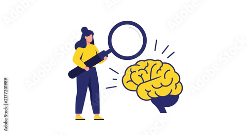 Flat Vector Illustration of a Woman Analyzing a Human Brain with a Magnifying Glass, Representing Mental Health Research, Psychology, and Cognitive Science Concepts
