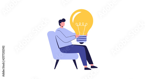Man Sitting in Armchair Holding Giant Light Bulb, Creative Idea Concept, Innovation and Problem Solving Flat Illustration Isolated on White Background
