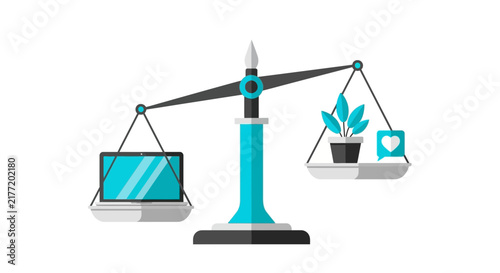 Work Life Balance Concept Illustration Representing Professional Career vs Personal Wellbeing with Laptop and Plant on Scales