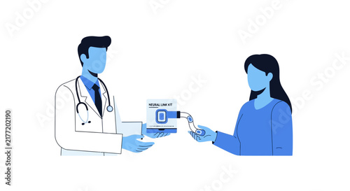 Doctor Handing Neural Link Kit to Patient - Futuristic Healthcare and BCI Concept Illustration