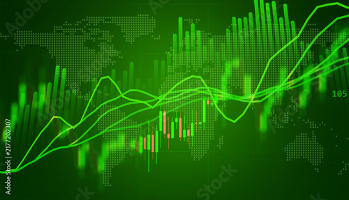 Global financial trading chart on digital world map with candlestick data representing international stock market growth and bullish economic trends.