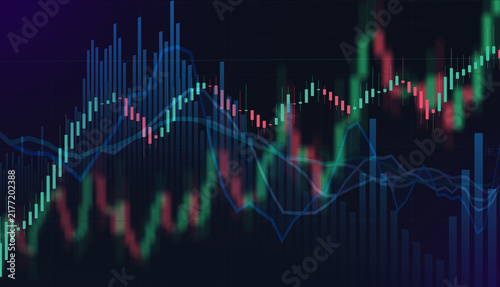 Modern financial stock market interface displaying complex candlestick charts, volume indicator bars, moving averages, and forex trading analytics data.