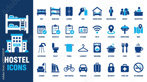 Blue hostel amenities icon set collection.