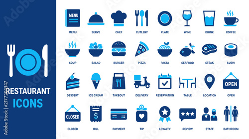 Blue restaurant service icons set vector collection.