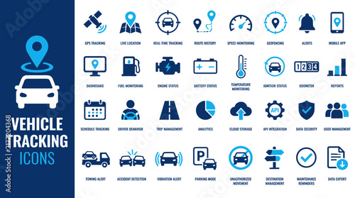 Blue vector vehicle tracking icon collection for fleet navigation.