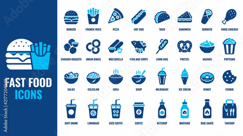 Blue fast food icon set collection vector.