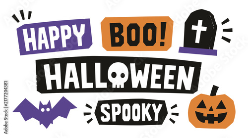 Playful Halloween typography with skull bat pumpkin icons.