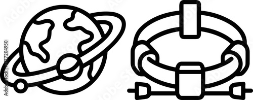 Abstract vector illustration of a planet with orbit and satellite, and a geometric shape with connections