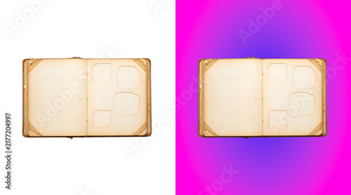 Принти на полотні An open vintage album with blank pages and corner mounts for holding photographs