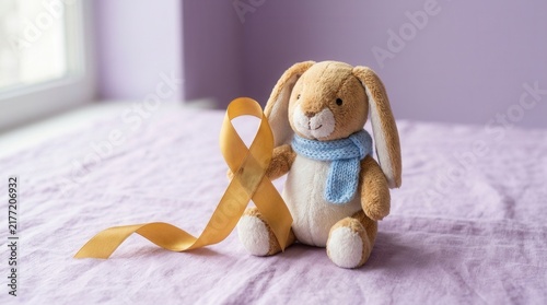Symbol Of Hope A Plush Bunny Holds A Golden Awareness Ribbon