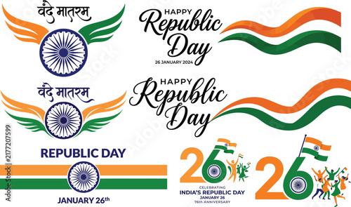 Set of creative graphic elements and typography designs celebrating the annual indian republic day national holiday event