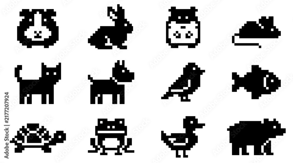 Fototapeta premium Diverse animal kingdom pixel art icon set.