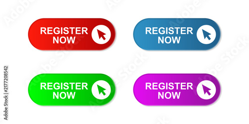 Colorful glossy web buttons featuring bold register now text and mouse pointer icons displayed as a set on transparent background