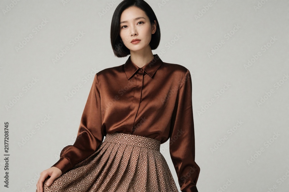 Fototapeta premium Model poses in brown satin shirt and patterned skirt. Elegant woman stands against a neutral studio backdrop. Fashionable attire suggests modern style and sophistication. Style looks chic.