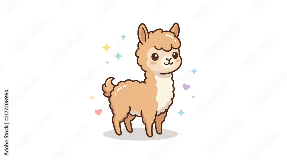 Fototapeta premium Fluffy brown alpaca character standing against a white background.