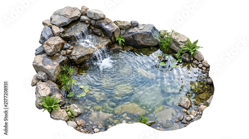 Garden pond with waterfall top view isolated on transparent background