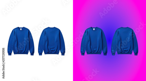 Fotografie Front and back view of a plain royal blue crew neck sweatshirt, isolated on a wh