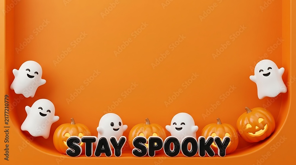Fototapeta premium Halloween background with cute white ghosts and glowing jack o lantern pumpkins on an orange surface with the text s t a y s p o k y in black 3d letters at the bottom